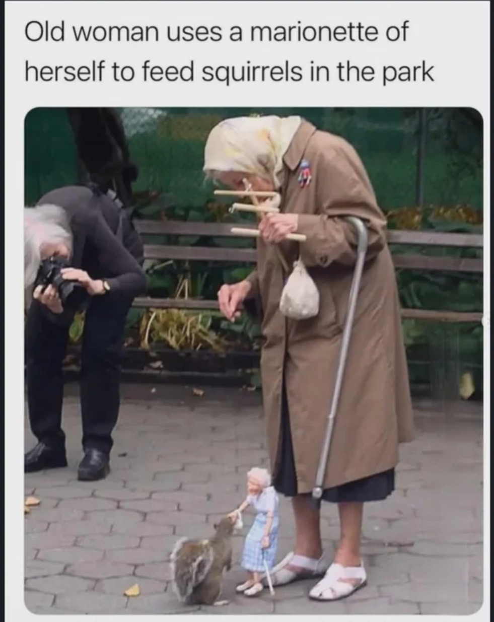 Old woman uses a marionette of herself to feed squirrels in the park