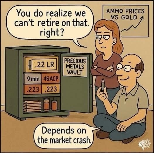 You do realize we can't retire on that. right? PRECIOUS METALS VAULT AMMO PRICES VS GOLD Depends on the market crash. .22 LR 9mm 45ACP .223 .223