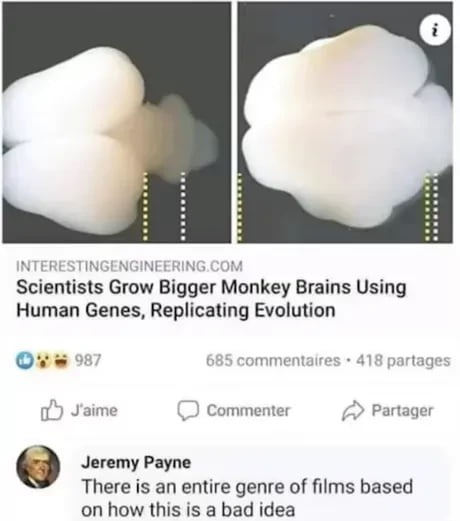 INTERESTINGENGINEERING.COM Scientists Grow Bigger Monkey Brains Using Human Genes, Replicating Evolution. Jeremy Payne: There is an entire genre of films based on how this is a bad idea.