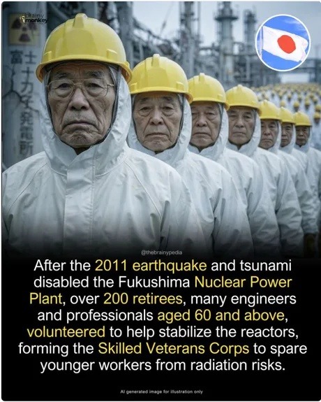 After the 2011 earthquake and tsunami disabled the Fukushima Nuclear Power Plant, over 200 retirees, many engineers and professionals aged 60 and above, volunteered to help stabilize the reactors, forming the Skilled Veterans Corps to spare younger workers from radiation risks. AI generated image for illustration only.