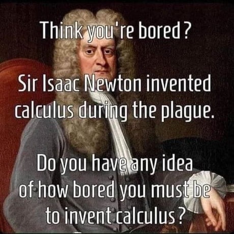 Think you're bored? Sir Isaac Newton invented calculus during the plague. Do you have any idea of how bored you must be to invent calculus?