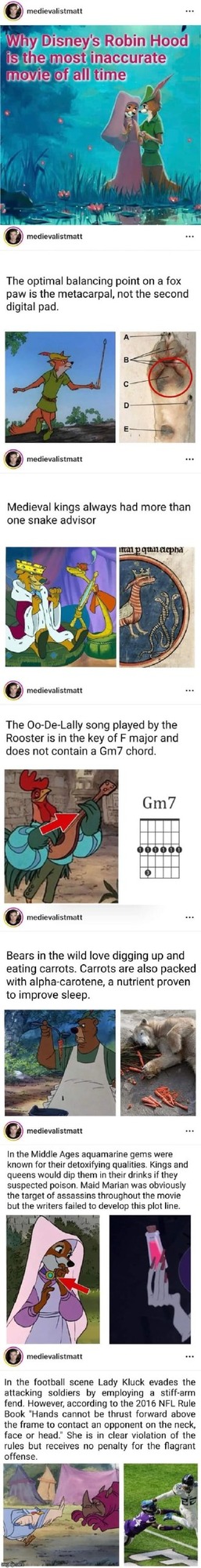 Why Disney's Robin Hood is the most inaccurate movie of all time. The optimal balancing point on a a fox paw is the metacarpal, not the second digital pad. Medieval kings always had more than one snake advisor. The Oo-De-Lally song played by the Rooster is in the key of F major and does not contain a Gm7 chord. Bears in the wild love digging up and
