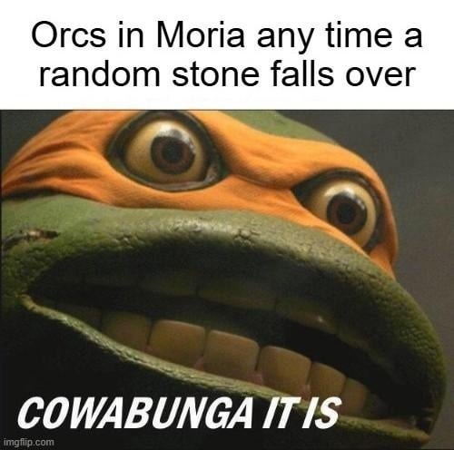 Orcs in Moria any time a random stone falls over COWABUNGA IT IS