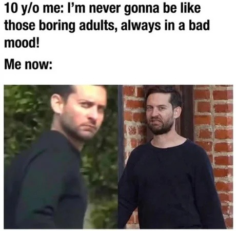 10 y/o me: I'm never gonna be like those boring adults, always in a bad mood! Me now: