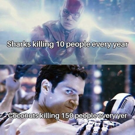 Sharks killing 10 people every year. Coconuts killing 150 people every year.