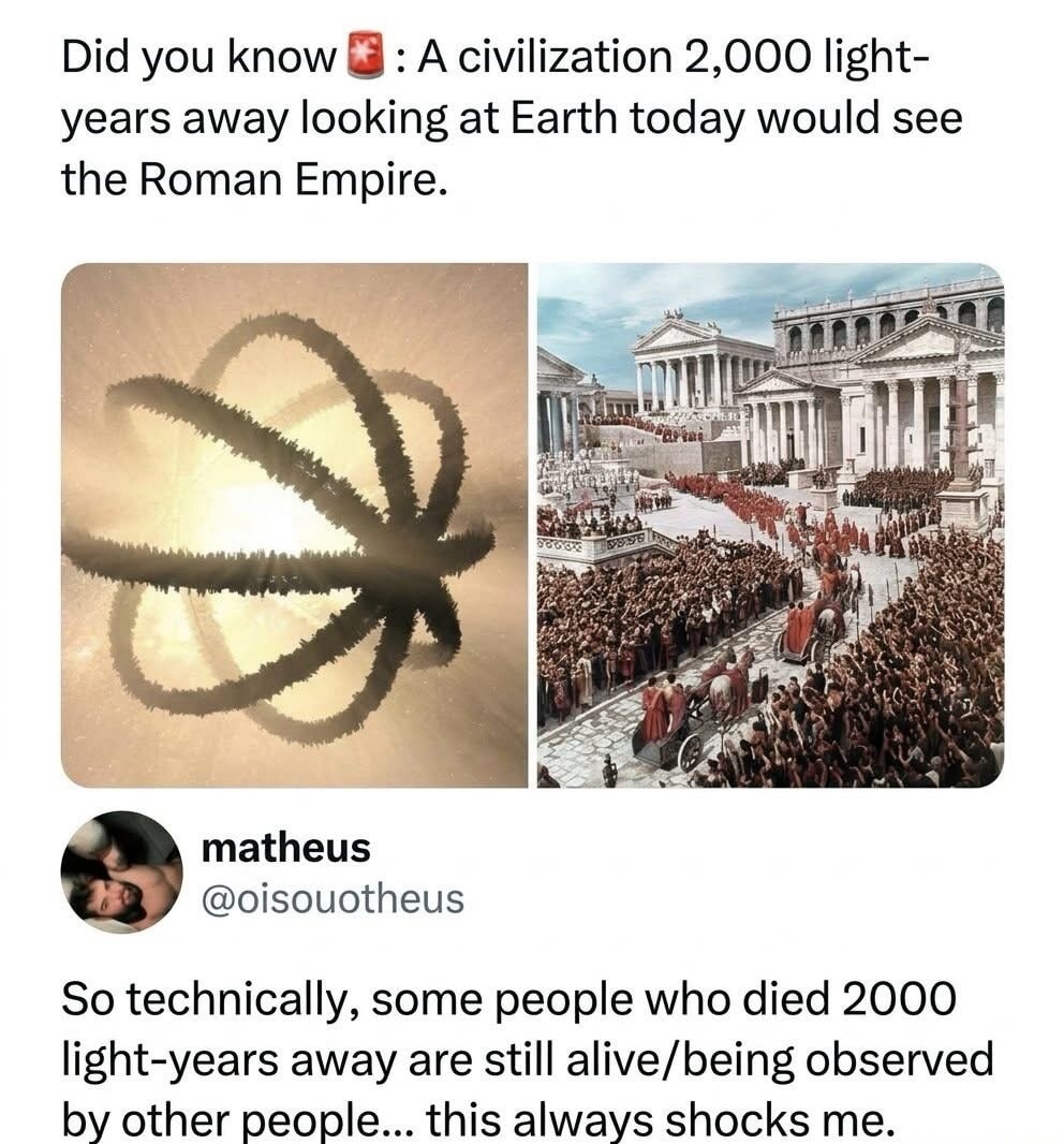 Did you know 🤯 : A civilization 2,000 light-years away looking at Earth today would see the Roman Empire. So technically, some people who died 2000 light-years away are still alive/being observed by other people... this always shocks me.