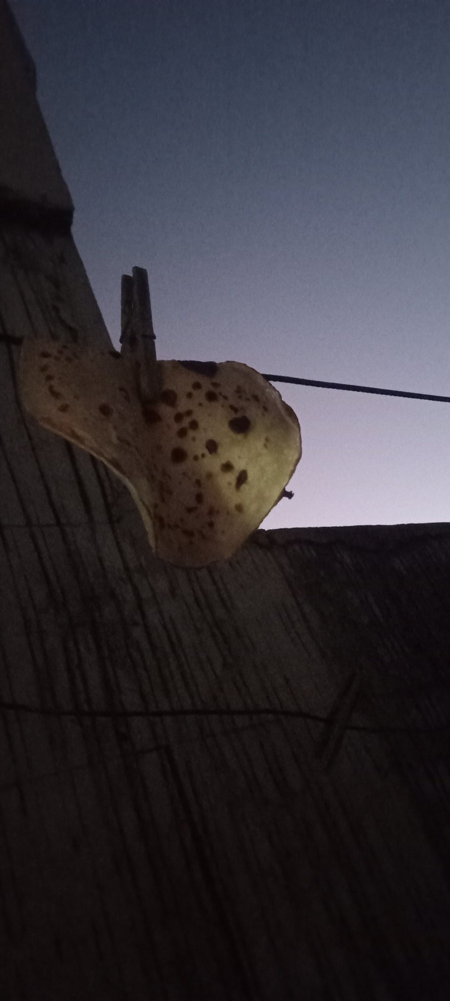Una tortilla o pan plano colgando de un tendedero con una pinza de ropa al atardecer.