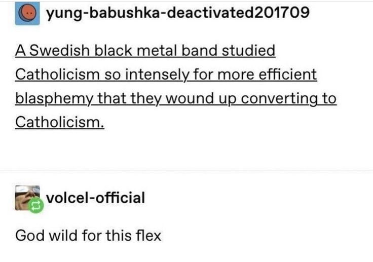 A Swedish black metal band studied Catholicism so intensely for more efficient blasphemy that they wound up converting to Catholicism. God wild for this flex