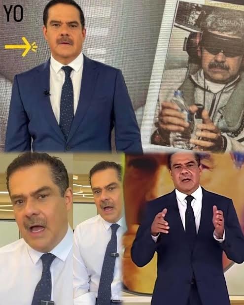 Un hombre, que parece ser un presentador de noticias, se muestra en varias tomas. En la parte superior izquierda, hay un texto 'YO' con una flecha apuntando hacia él, junto a una imagen de otro hombre con bigote, gafas de sol y auriculares. En las tomas inferiores, el hombre está hablando y gesticulando.