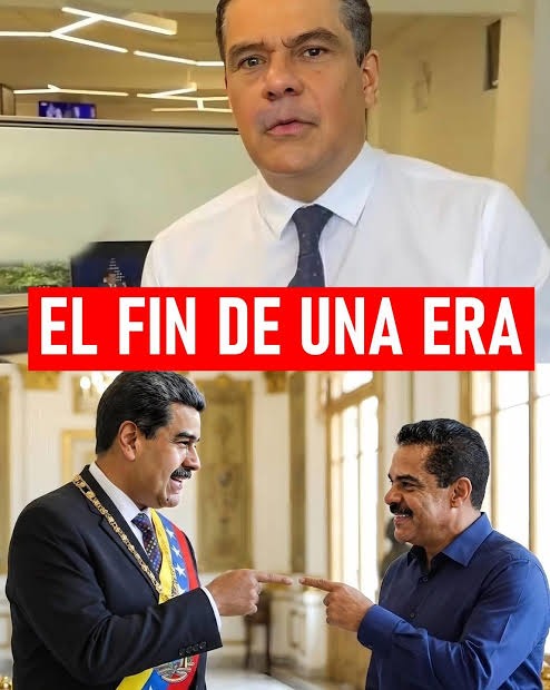 EL FIN DE UNA ERA. Un hombre con camisa blanca y corbata mira seriamente. Nicolás Maduro y Alex Saab se señalan mutuamente y sonríen.