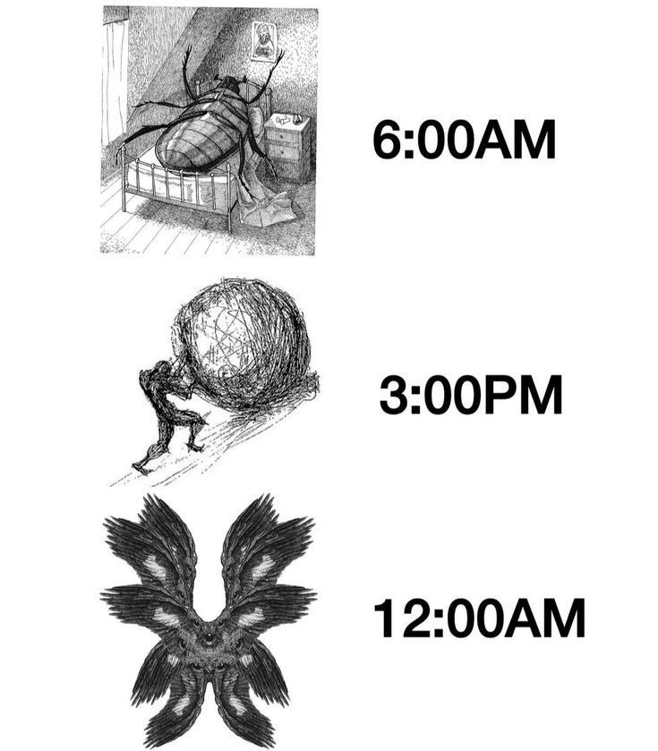 6:00 AM, 3:00 PM, 12:00 AM. Un escarabajo gigante en la cama, una figura empujando una roca enorme, una criatura alada con múltiples ojos.