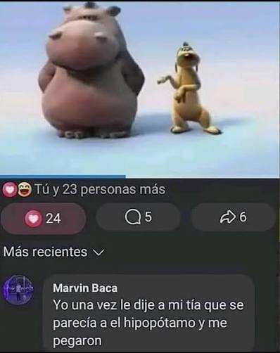 Tú y 23 personas más 24 5 6 Más recientes Marvin Baca Yo una vez le dije a mi tía que se parecía a el hipopótamo y me pegaron