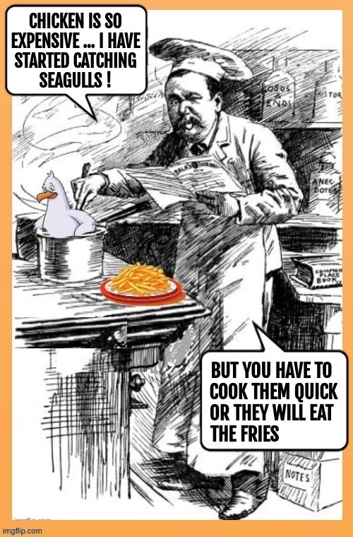 CHICKEN IS SO EXPENSIVE ... I HAVE STARTED CATCHING SEAGULLS ! BUT YOU HAVE TO COOK THEM QUICK OR THEY WILL EAT THE FRIES