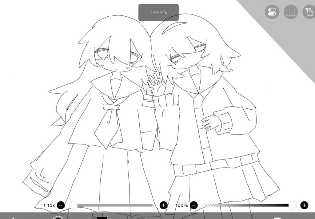 Dos personajes de estilo anime, dibujados en blanco y negro, con una interfaz de software de dibujo visible. Una de las figuras parece triste o llorando, mientras que la otra tiene una expresión más neutral. Ambas están tomadas de la mano.