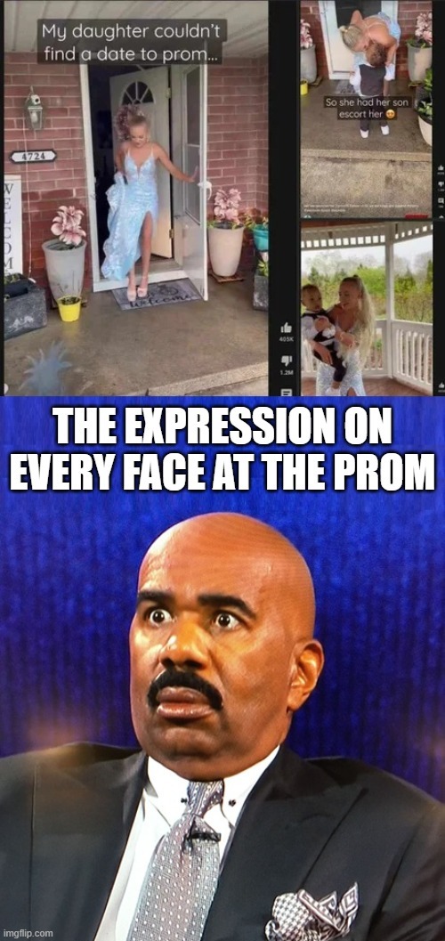 My daughter couldn't find a date to prom... So she had her son escort her 😂 THE EXPRESSION ON EVERY FACE AT THE PROM