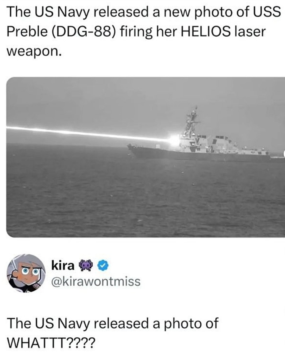 The US Navy released a new photo of USS Preble (DDG-88) firing her HELIOS laser weapon. kira @kirawontmiss The US Navy released a photo of WHATTT????