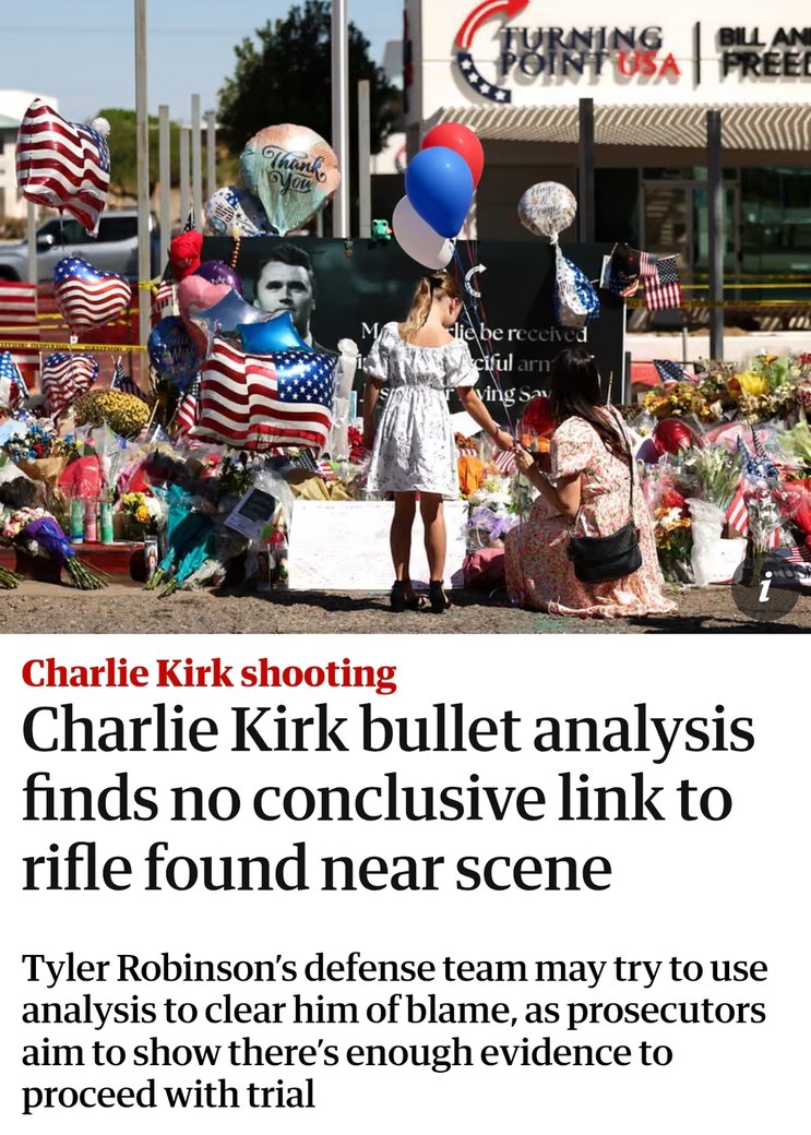 Text on building: 'TURNING POINT USA', 'BILL AND FREED'. Text on balloons: 'Thank You'. Partial text on poster: 'M... lie be received... ciful arm... ving Sav...'. Article headline: 'Charlie Kirk shooting. Charlie Kirk bullet analysis finds no conclusive link to rifle found near scene'. Article body: 'Tyler Robinson's defense team may try to use an
