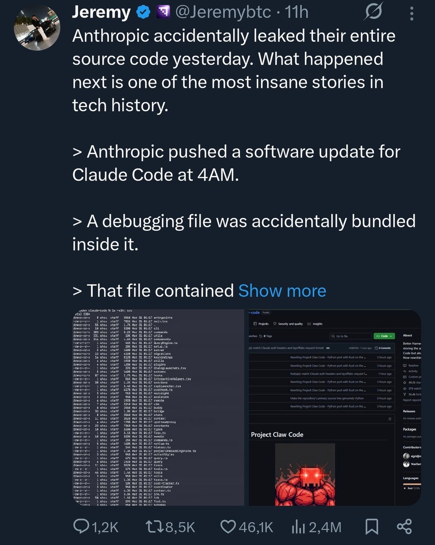 Anthropic accidentally leaked their entire source code yesterday. What happened next is one of the most insane stories in tech history. Anthropic pushed a software update for Claude Code at 4AM. A debugging file was accidentally bundled inside it. That file contained Project Claw Code.