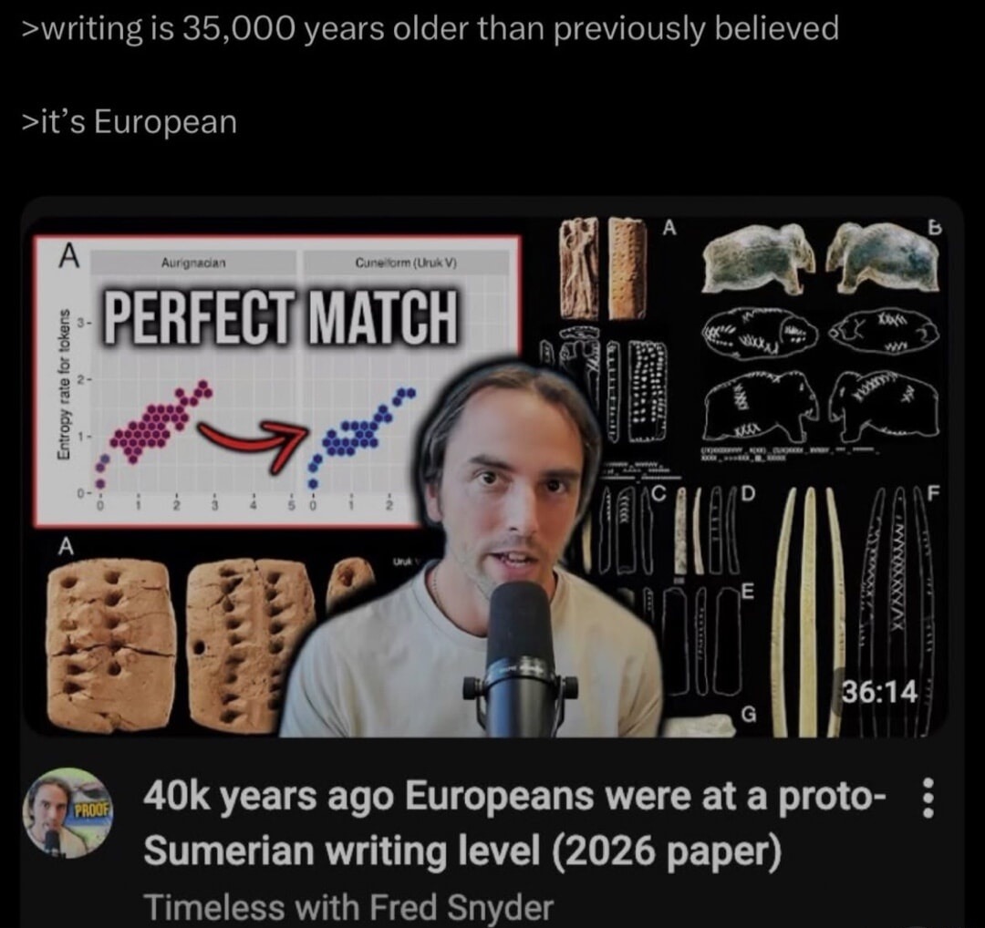 writing is 35,000 years older than previously believed it's European PERFECT MATCH Aurignacian Cuneiform (Uruk V) entropy rate for tokens 40k years ago Europeans were at a proto-Sumerian writing level (2026 paper) Timeless with Fred Snyder