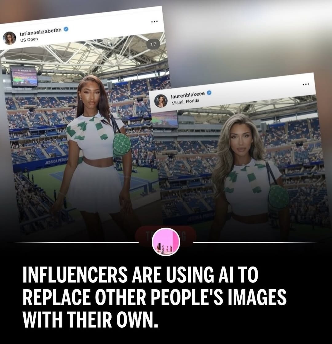 tatianaelizabethh US Open laurenblakeee Miami, Florida JESSICA PEGULA INFLUENCERS ARE USING AI TO REPLACE OTHER PEOPLE'S IMAGES WITH THEIR OWN.