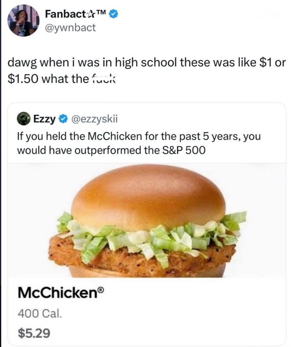 Fanbact™ @ywnbact dawg when i was in high school these was like $1 or $1.50 what the f*ck Ezzy @ezzyski If you held the McChicken for the past 5 years, you would have outperformed the S&P 500 McChicken® 400 Cal. $5.29