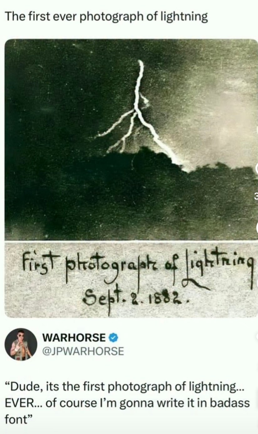 The first ever photograph of lightning. First photograph of lightning Sept. 2. 1882. WARHORSE @JPWARHORSE: 