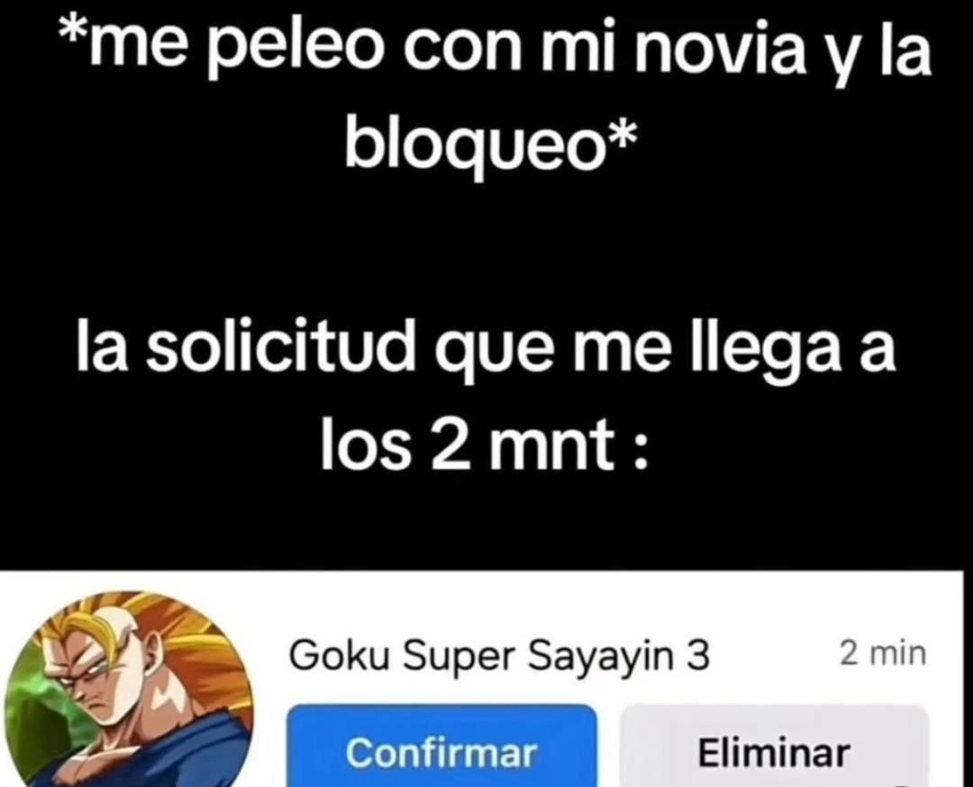 Me peleo con mi novia y la bloqueo. La solicitud que me llega a los 2 minutos: Goku Super Saiyajin 3. Confirmar. Eliminar.