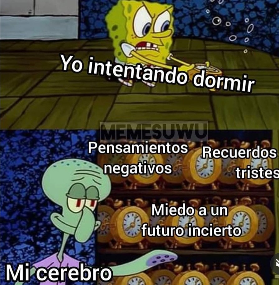 Yo intentando dormir. Mi cerebro. Pensamientos negativos. Recuerdos tristes. Miedo a un futuro incierto.