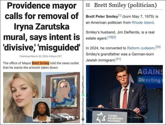 Providence mayor calls for removal of Iryna Zarutska mural, says intent is 'divisive,' 'misguided'. Published March 30, 2026 4:54pm EDT. The office of Mayor Brett Smiley told the news outlet that he wants the artwork taken down. Brett Peter Smiley (politician) (born May 7, 1979) is an American politician from Rhode Island. Smiley's husband, Jim DeR
