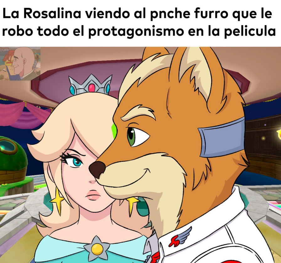 La Rosalina viendo al pnche furro que le robo todo el protagonismo en la pelicula