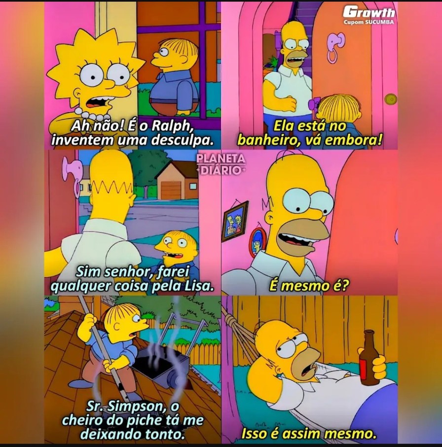 Ah não! É o Ralph, inventem uma desculpa. Ela está no banheiro, vá embora! Sim senhor, farei qualquer coisa pela Lisa. É mesmo é? Sr. Simpson, o cheiro do piche tá me deixando tonto. Isso é assim mesmo.