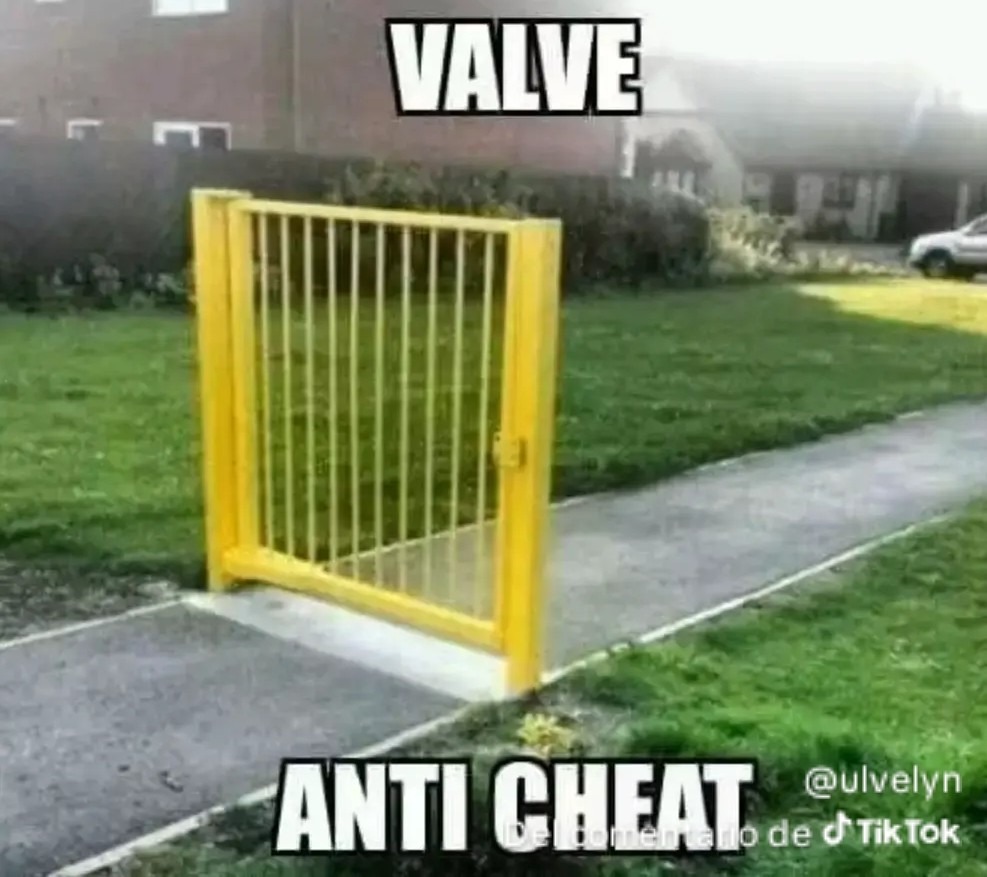 VALVE ANTI CHEAT. Una valla amarilla en un camino pavimentado, pero el camino continúa alrededor de la valla, haciendo que la valla sea inútil para bloquear el paso.