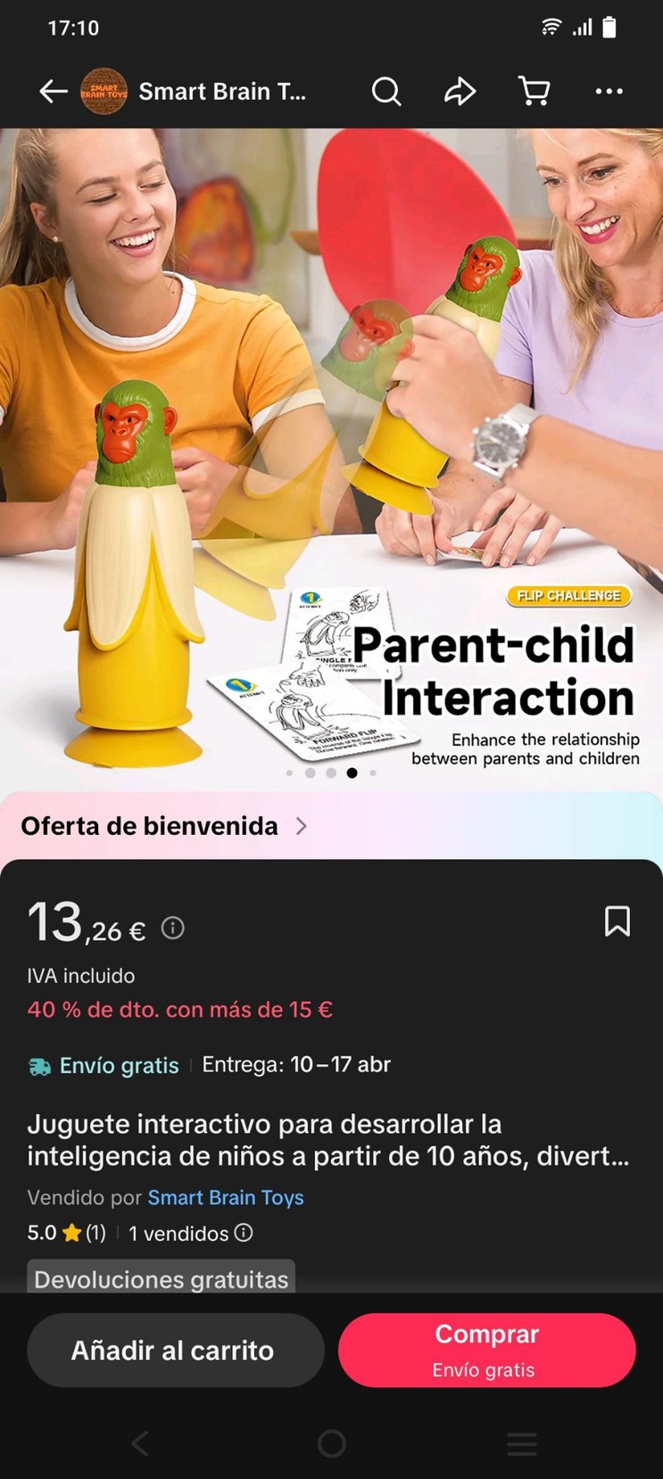 Smart Brain Toys. FLIP CHALLENGE. Parent-child Interaction. Enhance the relationship between parents and children. Oferta de bienvenida. 13,26 €. IVA incluido. 40 % de dto. con más de 15 €. Envío gratis. Entrega: 10-17 abr. Juguete interactivo para desarrollar la inteligencia de niños a partir de 10 años, divertido. Vendido por Smart Brain Toys. 5.