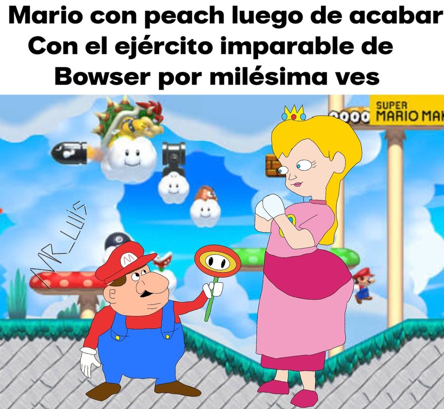 Mario con peach luego de acabar Con el ejército imparable de Bowser por milésima ves. MR_LUIS. SUPER MARIO MAKER.