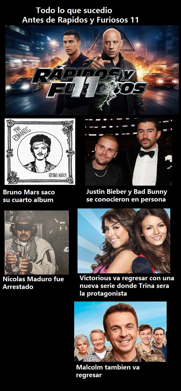 Todo lo que sucedió Antes de Rapidos y Furiosos 11. Bruno Mars sacó su cuarto album. Justin Bieber y Bad Bunny se conocieron en persona. Nicolas Maduro fue Arrestado. Victorious va regresar con una nueva serie donde Trina será la protagonista. Malcolm también va regresar.
