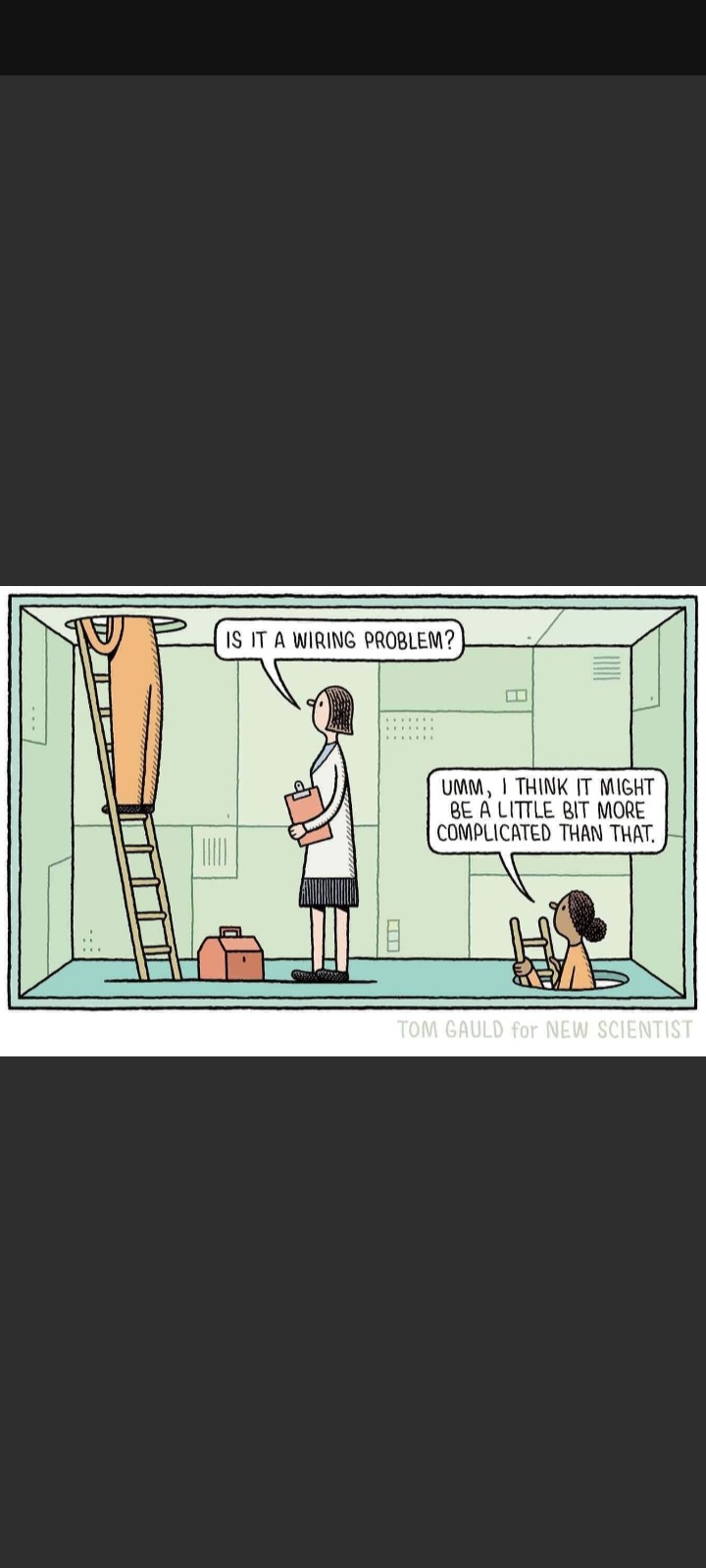 A person in a lab coat asks, 