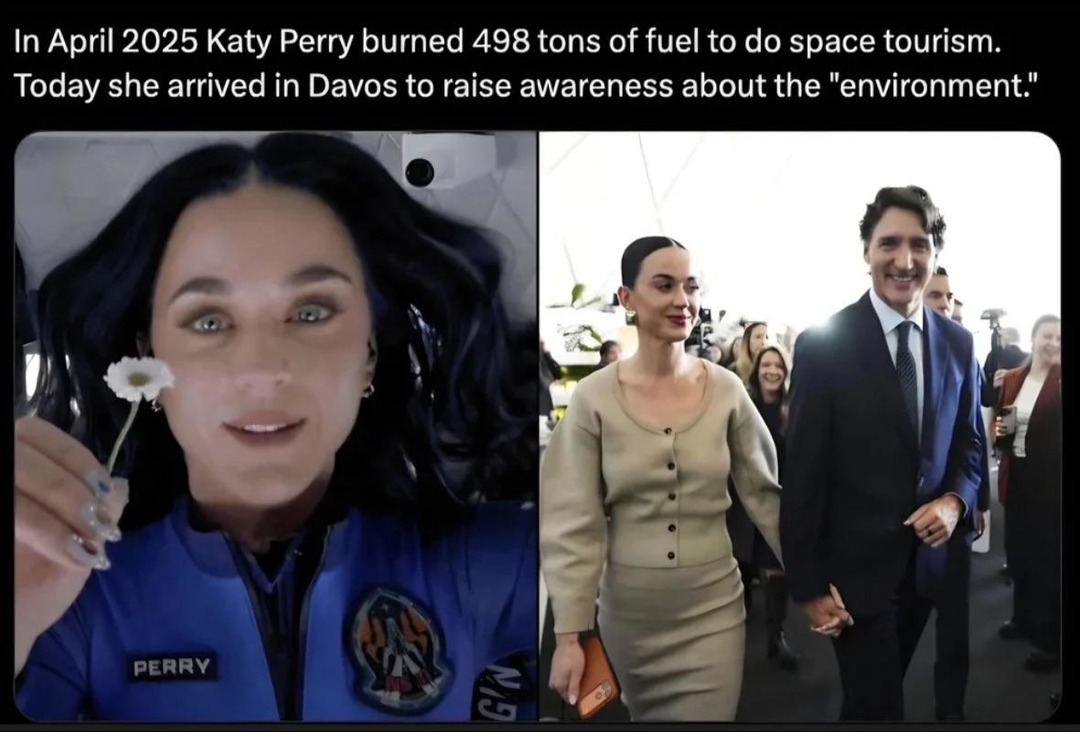 In April 2025 Katy Perry burned 498 tons of fuel to do space tourism. Today she arrived in Davos to raise awareness about the 