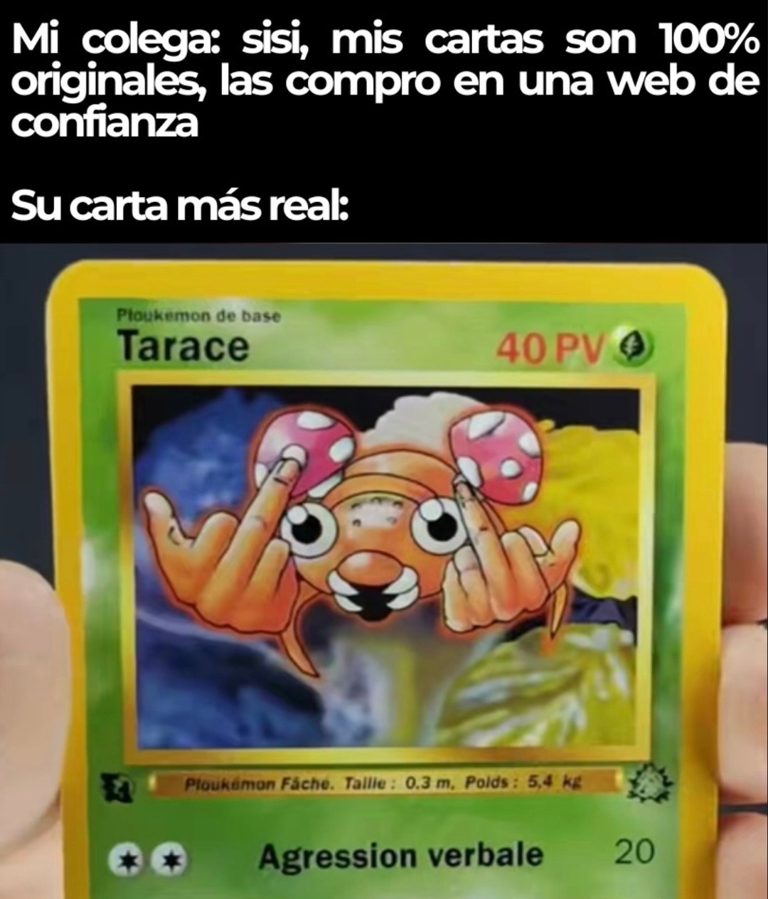 Mi colega: sisi, mis cartas son 100% originales, las compro en una web de confianza. Su carta más real: Ploukemon de base Tarace 40 PV Ploukemon Fâche. Taille : 0.3 m, Poids : 5,4 kg Agression verbale 20.
