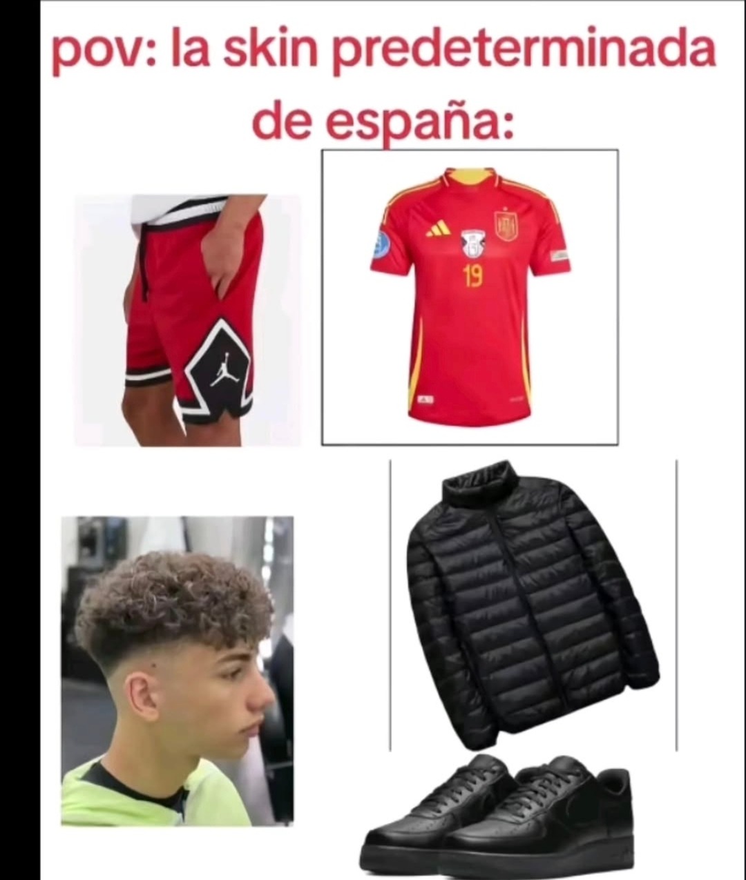 pov: la skin predeterminada de españa: shorts rojos con logo Jordan, camiseta de fútbol de España, peinado rizado con degradado, chaqueta negra acolchada y zapatillas negras.