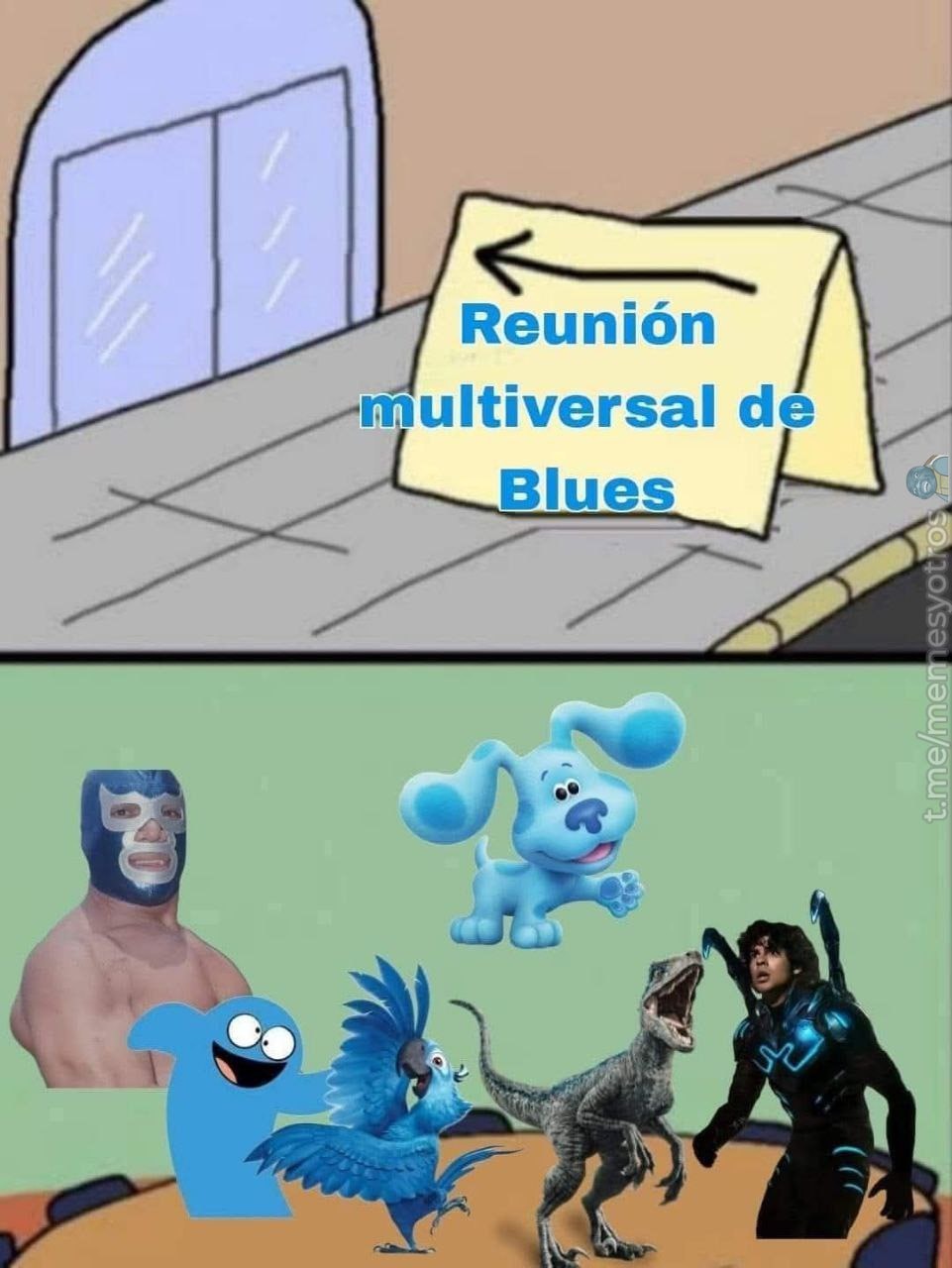 Reunión multiversal de Blues. Un cartel indica 'Reunión multiversal de Blues'. Abajo, se muestran varios personajes de diferentes franquicias que tienen 'Blue' o 'Blu' en su nombre o son de color azul: Blue de Las Pistas de Blue, Blu de Río, Blue el Velociraptor de Jurassic World, Blue Beetle, Bloo de Mansión Foster para Amigos Imaginarios y Blue D