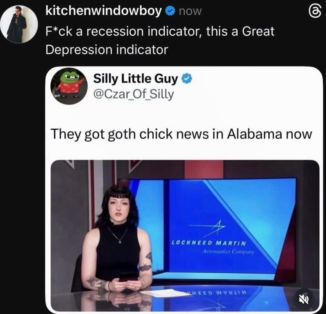 F*ck a recession indicator, this a Great Depression indicator. They got goth chick news in Alabama now. Lockheed Martin Aeronautics Company.