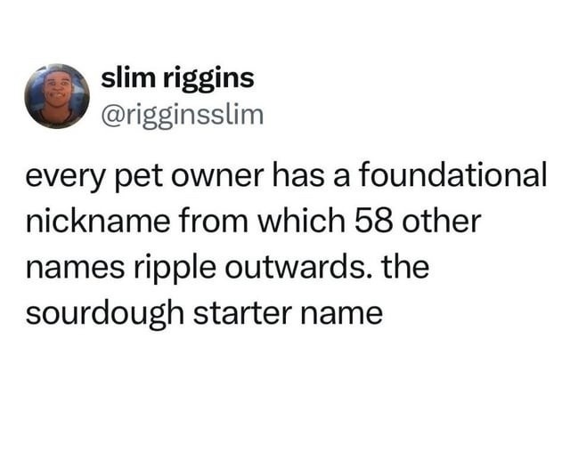 every pet owner has a foundational nickname from which 58 other names ripple outwards. the sourdough starter name