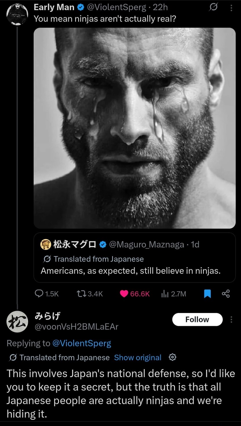 You mean ninjas aren't actually real? Americans, as expected, still believe in ninjas. This involves Japan's national defense, so I'd like you to keep it a secret, but the truth is that all Japanese people are actually ninjas and we're hiding it.