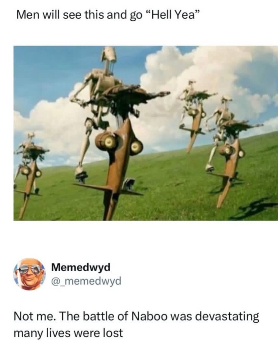 Men will see this and go “Hell Yea” Not me. The battle of Naboo was devastating many lives were lost