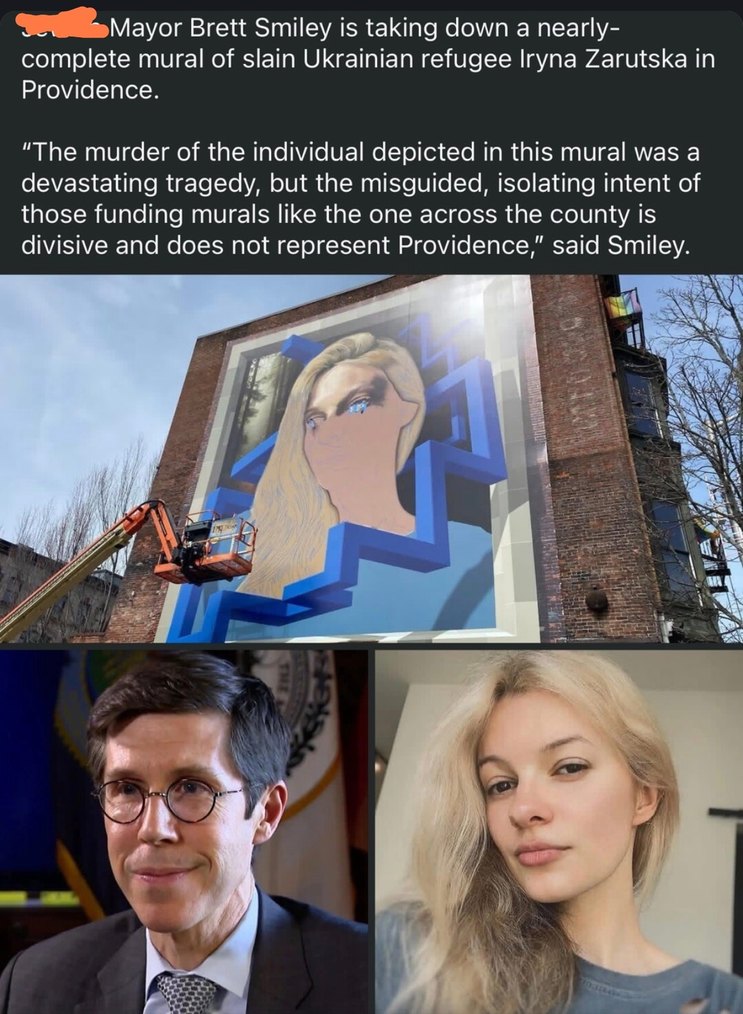 Mayor Brett Smiley is taking down a nearly-complete mural of slain Ukrainian refugee Iryna Zarutska in Providence. 