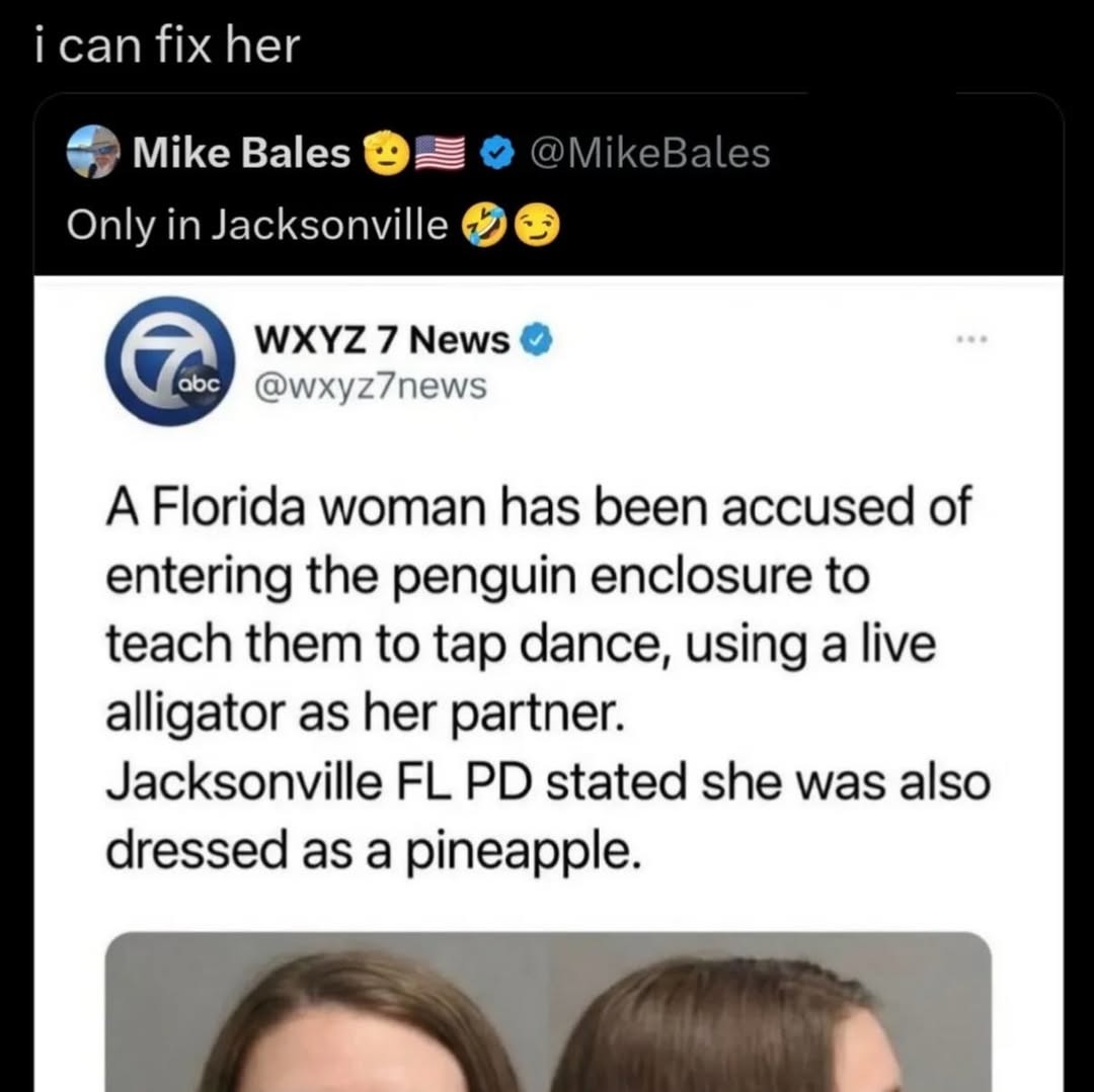 i can fix her Mike Bales 😬🇺🇸✔️ @MikeBales Only in Jacksonville 😂🤣 WXYZ 7 News ✔️ @wxyz7news A Florida woman has been accused of entering the penguin enclosure to teach them to tap dance, using a live alligator as her partner. Jacksonville FL PD stated she was also dressed as a pineapple.