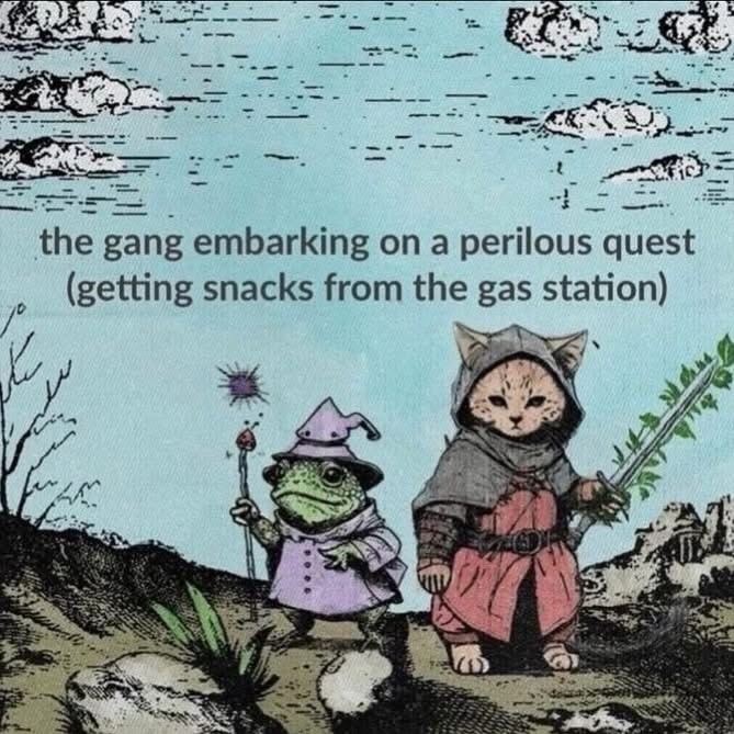 the gang embarking on a perilous quest (getting snacks from the gas station)