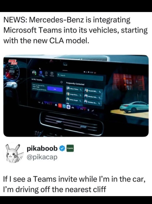 NEWS: Mercedes-Benz is integrating Microsoft Teams into its vehicles, starting with the new CLA model. On the car's dashboard, a screen displays the Microsoft Teams interface, showing a calendar event 'Catch-up Satya and Oli' scheduled for 'Jul 08, Tuesday' from '12:00 - 13:00' with a 'Join' button, and a list of 'Frequently Contacted' individuals.