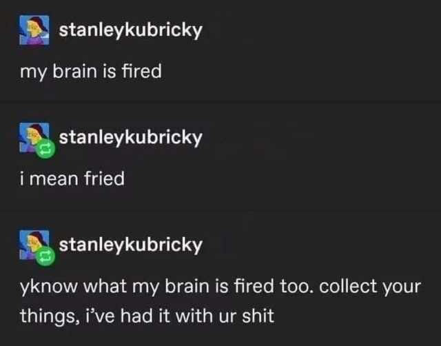 my brain is fired i mean fried yknow what my brain is fired too. collect your things, i've had it with ur shit
