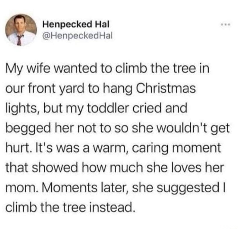 Henpecked Hal @HenpeckedHal My wife wanted to climb the tree in our front yard to hang Christmas lights, but my toddler cried and begged her not to so she wouldn't get hurt. It's was a warm, caring moment that showed how much she loves her mom. Moments later, she suggested I climb the tree instead.